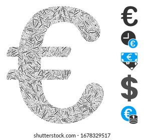 Hatch Mosaic based on Euro symbol icon. Mosaic vector Euro symbol is formed with random hatch elements. Bonus icons are added.