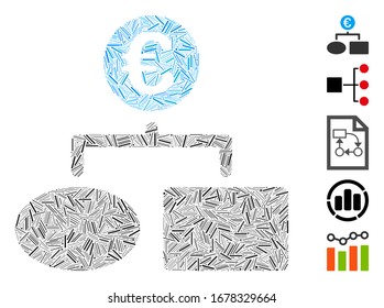 Hatch Mosaic based on Euro flow chart icon. Mosaic vector Euro flow chart is formed with random dash dots. Bonus icons are added.