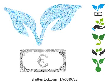 Hatch Mosaic basiert auf Euro Startup Sprout Symbol. Mosaik Vektor Euro Startup Sprout ist mit zufälligen Dash-Spots entworfen. Bonussymbole werden hinzugefügt.