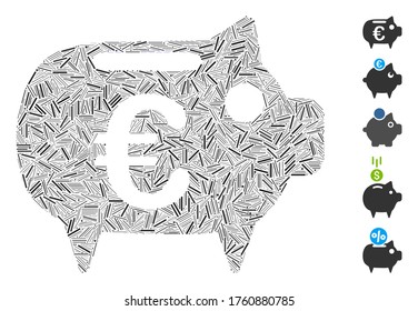 Mosaico de escotilla basado en el ícono del banco de cerdos Euro. Vector de mosaico El banco de cerdos del euro se forma con puntos de escotilla dispersos. Se agregan iconos de bonificación.