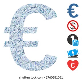 Hatch Mosaic based on Euro symbol icon. Mosaic vector Euro symbol is composed with random hatch spots. Bonus icons are added.