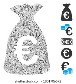 Mosaico de escotilla basado en el icono de la bolsa de dinero Euro. Vector de mosaico La bolsa de dinero del euro está compuesta de artículos de escotilla dispersos. Se agregan iconos de bonificación.