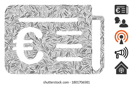 Hatch Mosaic basado en el icono de las noticias financieras del euro. El vector mosaico de noticias financieras del euro está diseñado con puntos de guión aleatorio. Se agregan iconos de bonificación.