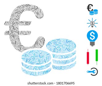 Hatch Mosaic based on Euro coin stacks icon. Mosaic vector Euro coin stacks is formed with scattered hatch dots. Bonus icons are added.