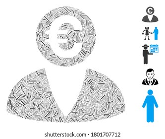 Hatch Mosaic basiert auf dem Euro-Banker Icon. Mosaik Vektor Euro Banker ist mit zufälligen Schlupfpunkten gebildet. Bonussymbole werden hinzugefügt.