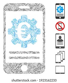 Hatch Mosaic basado en el icono de configuración de la banca móvil Euro. Vector de mosaico La configuración de la banca móvil del euro se forma con elementos de trampas dispersas. Se agregan iconos de bonificación.