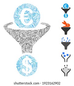 Hatch Mosaic based on Euro currency conversion funnel icon. Mosaic vector Euro currency conversion funnel is designed with scattered hatch items. Bonus icons are added.