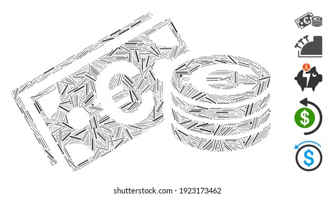 Hatch Mosaic based on Euro cash icon. Mosaic vector Euro cash is formed with scattered hatch items. Bonus icons are added.