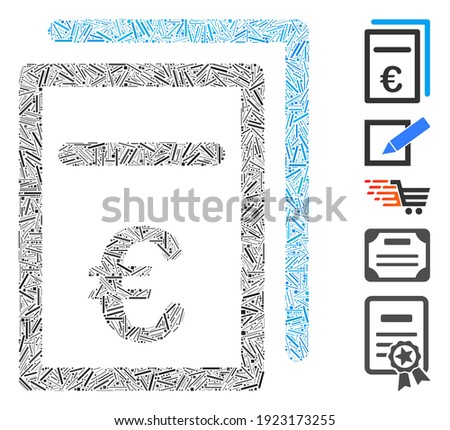 Hatch Mosaic based on Euro pricing documents icon. Mosaic vector Euro pricing documents is formed with randomized hatch elements. Bonus icons are added.