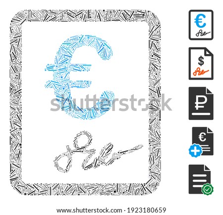 Hatch Mosaic based on Euro signed contract icon. Mosaic vector Euro signed contract is composed with randomized hatch spots. Bonus icons are added.