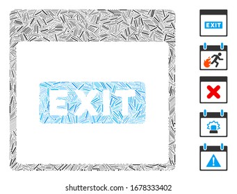 Hatch Mosaic based on exit caption calendar page icon. Mosaic vector exit caption calendar page is composed with randomized hatch items. Bonus icons are added.