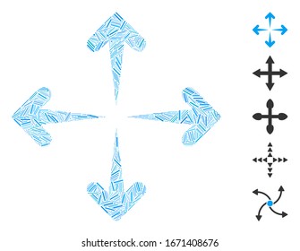 Mosaico de escotilla basado en el icono de expandir flechas. Las flechas de expansión del vector mosaico se diseñan con elementos de rayas aleatorias. Se agregan iconos de bonificación.