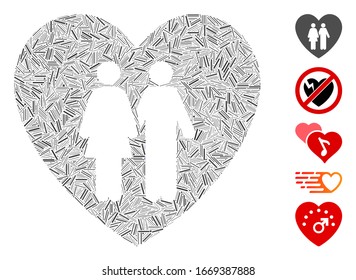 Hatch Mosaic auf der Grundlage der Familie Liebe Herz Symbol. Mosaik Vektorillustration Familie Liebe Herz ist mit randomisierten Schlupfpunkten zusammengesetzt. Bonussymbole werden hinzugefügt.