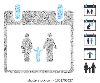 Hatch Mosaic based on family calendar day icon. Mosaic vector family calendar day is created with randomized hatch elements. Bonus icons are added.