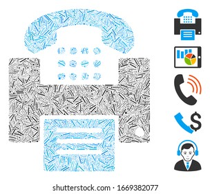 Hatch Mosaic based on fax icon. Mosaic vector fax is composed with randomized hatch spots. Bonus icons are added.