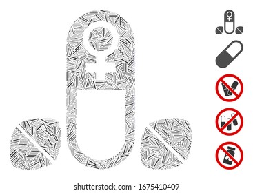 Hatch Mosaic based on female power tablets icon. Mosaic vector female power tablets is formed with random hatch spots. Bonus icons are added.