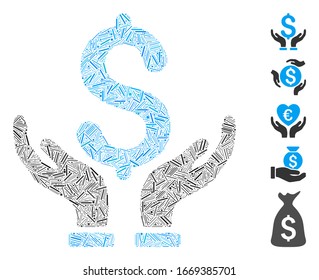 Hatch Mosaic based on financial insurance hands icon. Mosaic vector financial insurance hands is created with random hatch spots. Bonus icons are added.