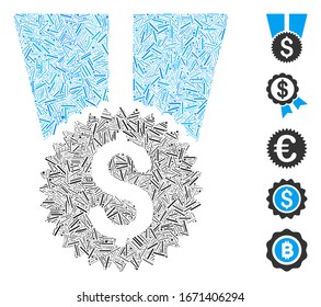 Hatch Mosaic based on financial medal icon. Mosaic vector financial medal is created with random hatch items. Bonus icons are added.
