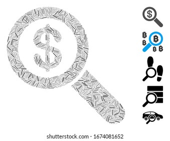 Hatch Mosaic based on financial audit loupe icon. Mosaic vector financial audit loupe is designed with randomized hatch items. Bonus icons are added.