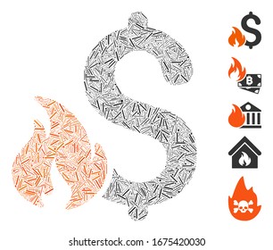 Hatch Mosaic based on financial fire icon. Mosaic vector financial fire is designed with randomized dash dots. Bonus icons are added.