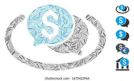 Mosaico Hatch basado en el icono del área de chat financiero. El área de chat financiero del vector mosaico está diseñada con elementos de rayas dispersas. Se agregan iconos de bonificación.