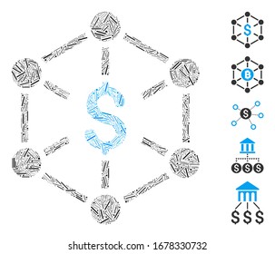 Hatch Mosaic basado en el icono de la red financiera. La red financiera de vectores mosaicos está diseñada con puntos de rayas dispersas. Se agregan iconos de bonificación.