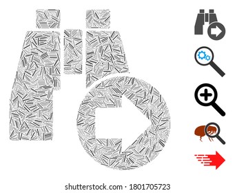 Hatch Mosaic based on find next binoculars icon. Mosaic vector find next binoculars is formed with randomized dash spots. Bonus icons are added.