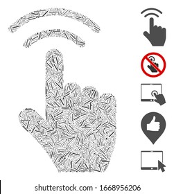Mosaico de escotilla basado en el icono de clic con el dedo. El clic de dedo vector mosaico está compuesto por elementos de guión dispersos. Se agregan iconos de bonificación.