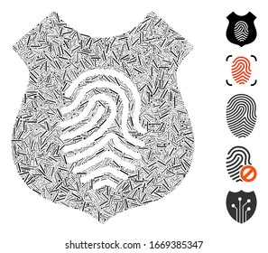 Hatch Mosaic auf der Grundlage von Fingerabdruck Schild Symbol. Der Fingerabdruck-Schild der Vektorillustration der Mosaike besteht aus zufälligen Lukenflecken. Bonussymbole werden hinzugefügt.