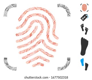 Hatch Mosaic based on fingerprint scan icon. Mosaic vector fingerprint scan is designed with scattered dash items. Bonus icons are added.