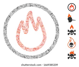 Hatch Mosaic based on fire icon. Mosaic vector fire is created with randomized dash dots. Bonus icons are added.