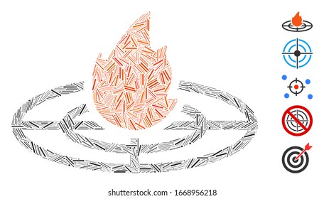 Mosaico de escote basado en el icono de objetivo disparado. El objetivo disparado por vector mosaico se forma con puntos de rayas dispersas. Se agregan iconos de bonificación.