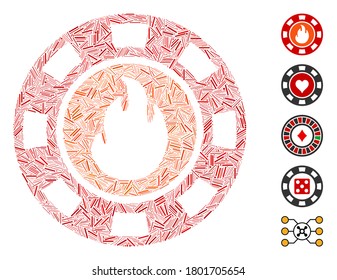 Hatch Mosaic based on flame casino chip icon. Mosaic vector flame casino chip is composed with scattered hatch items. Bonus icons are added.