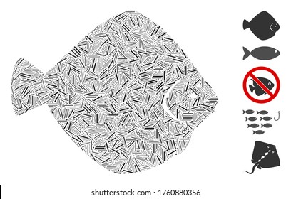 Mosaico de escotilla basado en el ícono de los peces flounder. El pez fundador vectorial mosaico se crea con elementos de trampas dispersas. Se agregan iconos de bonificación.