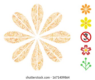 Mosaico escocés basado en el icono de la flor. La flor vectorial mosaico está diseñada con elementos de escotilla dispersos. Se agregan iconos de bonificación.