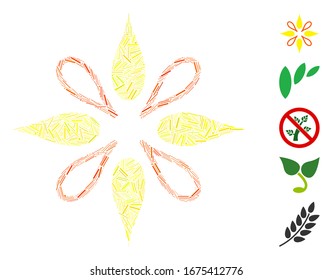 Hatch Mosaic based on flower icon. Mosaic vector flower is formed with scattered hatch items. Bonus icons are added.