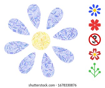 Hatch Mosaic basiert auf Blumensymbol. Die Mosaikblume der Vektorillustration besteht aus zufälligen Lukenflecken. Bonussymbole werden hinzugefügt.
