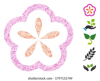 Hatch Mosaic based on flower icon. Mosaic vector flower is designed with random hatch elements. Bonus icons are added.