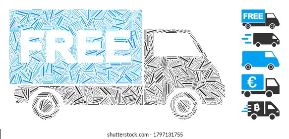 Hatch Mosaic based on free shipment van icon. Mosaic vector free shipment van is composed with random hatch elements. Bonus icons are added.