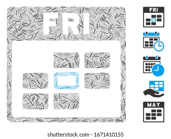 Hatch Mosaic based on Friday calendar grid icon. Mosaic vector Friday calendar grid is formed with random hatch elements. Bonus icons are added.