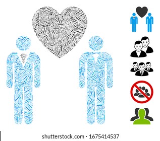 Mosaico Hatch basado en un ícono de los amantes gay. Los amantes de los gays vectores de mosaico están diseñados con puntos de escotilla dispersos. Se agregan iconos de bonificación.