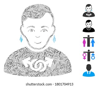 Hatch Mosaic based on gay icon. Mosaic vector gay is created with scattered hatch dots. Bonus icons are added.