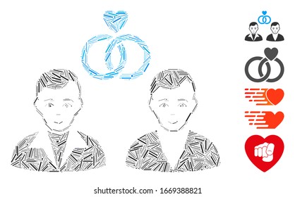 Mosaico del escote basado en el icono del matrimonio gay. El matrimonio de gays vectoriales mosaicos está diseñado con puntos de escotilla aleatorizados. Se agregan iconos de bonificación.