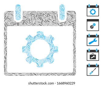Hatch Mosaic based on gear options calendar day icon. Mosaic vector gear options calendar day is formed with randomized hatch spots. Bonus icons are added.