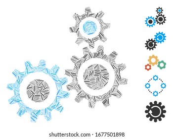 Hatch Mosaic based on gear mechanism icon. Mosaic vector gear mechanism is created with random hatch items. Bonus icons are added.
