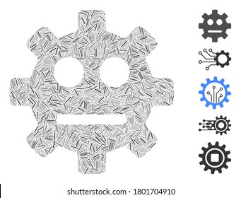 Hatch Mosaic based on gear pity smiley icon. Mosaic vector gear pity smiley is composed with randomized hatch dots. Bonus icons are added.