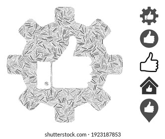 Hatch Mosaic based on gear thumb up icon. Mosaic vector gear thumb up is composed with scattered hatch dots. Bonus icons are added.