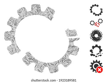 Hatch Mosaic based on gear crash icon. Mosaic vector gear crash is created with scattered hatch spots. Bonus icons are added.