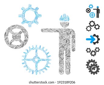 Hatch Mosaic based on gears mechanics presentation icon. Mosaic vector gears mechanics presentation is formed with randomized dash dots. Bonus icons are added.
