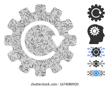 Mosaico de escotilla basado en el icono de rotación del engranaje. La rotación del engranaje del vector mosaico se forma con puntos de rayado aleatorios. Se agregan iconos de bonificación.